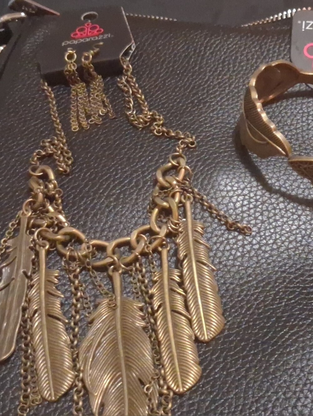 Paparazzi Gold Feather Fringe Necklace, Earrings and Leaf Bangle Set
